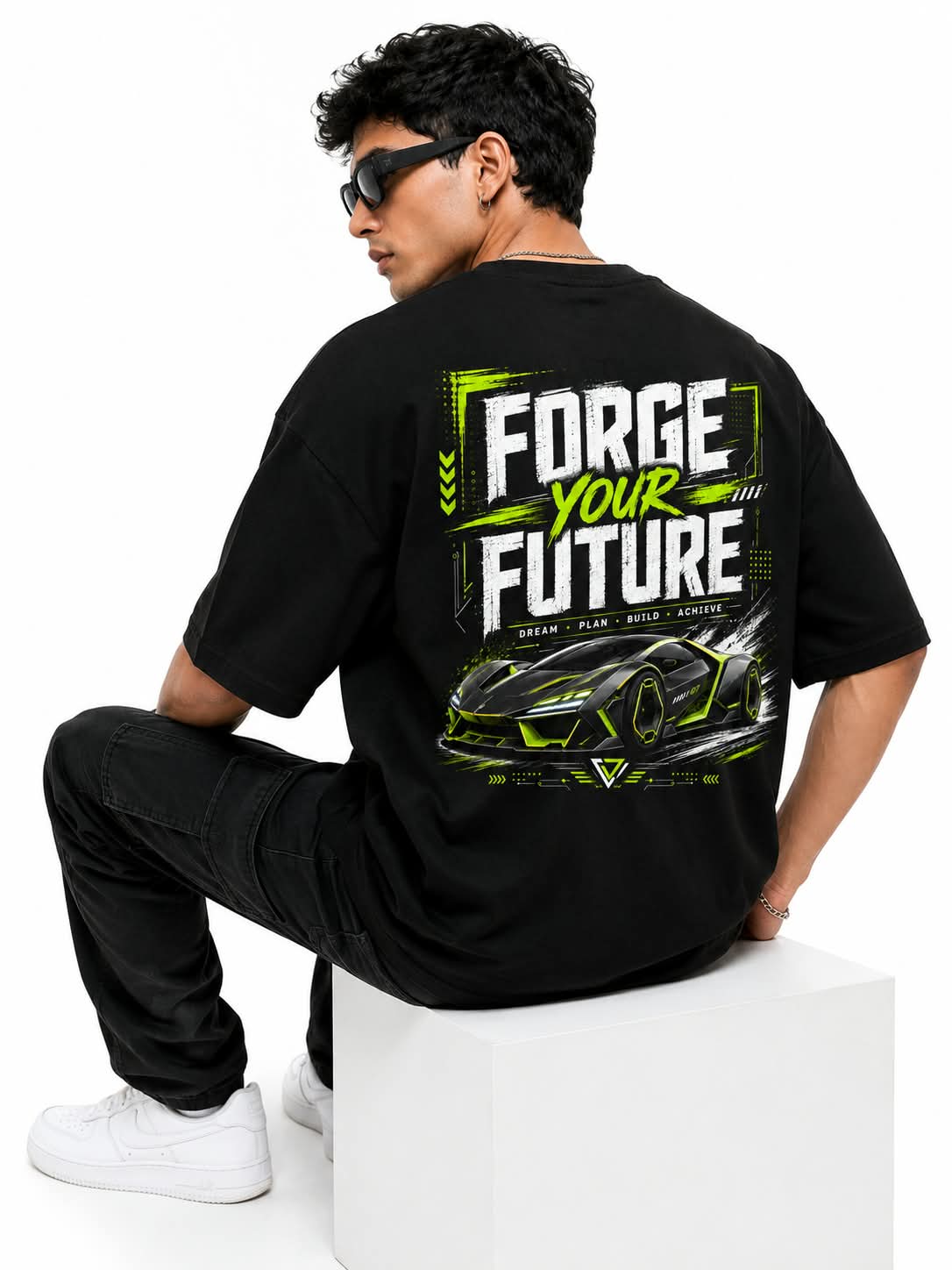 "FORGE YOUR FUTURE" Cyber Supercar Oversized Graphic T-Shirt – Neon Streetwear Tee
