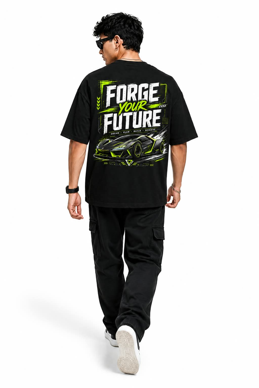 "FORGE YOUR FUTURE" Cyber Supercar Oversized Graphic T-Shirt – Neon Streetwear Tee