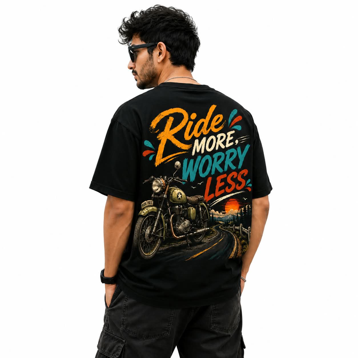 "Ride More, Worry Less" Oversized Biker Graphic T-Shirt – Vintage Streetwear Tee