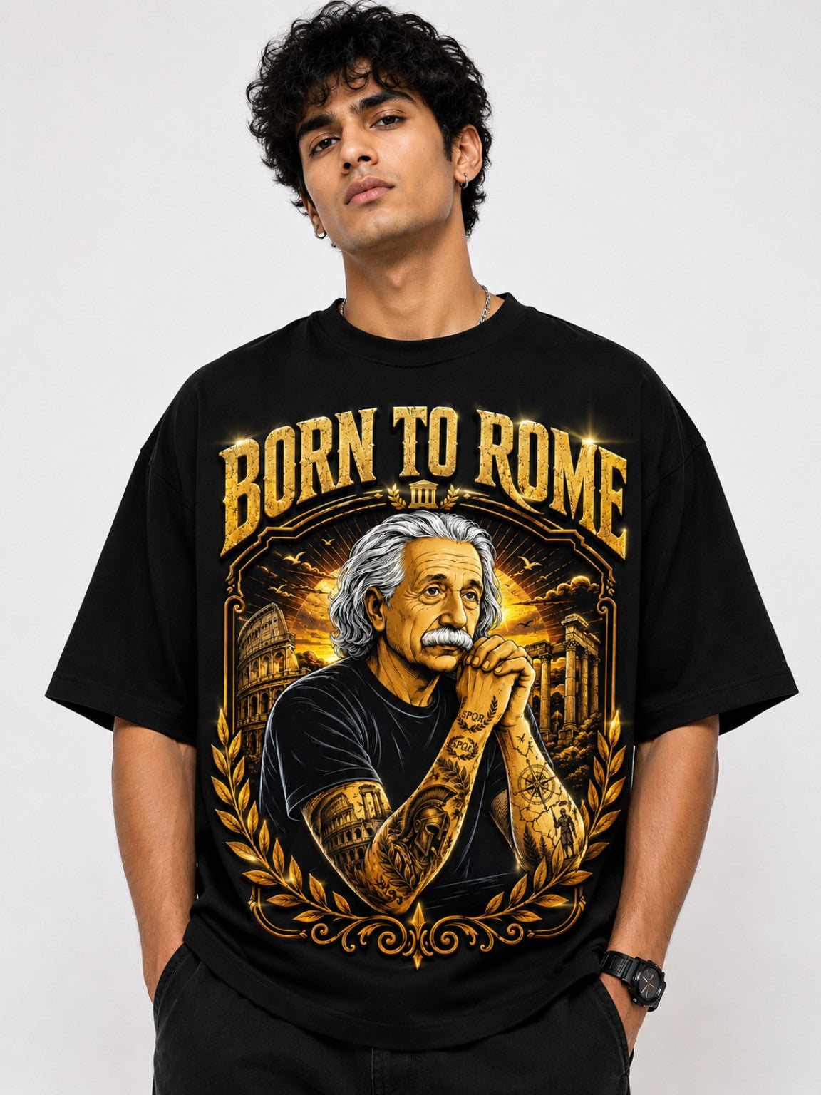 "Born to Rome" Einstein Oversized Graphic T-Shirt – Vintage Baroque Streetwear Tee