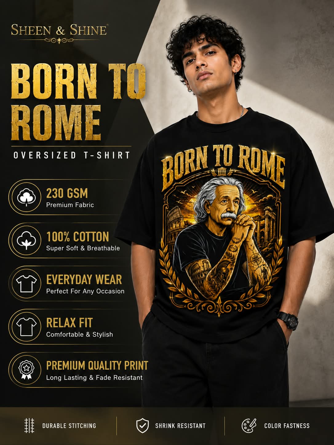 "Born to Rome" Einstein Oversized Graphic T-Shirt – Vintage Baroque Streetwear Tee