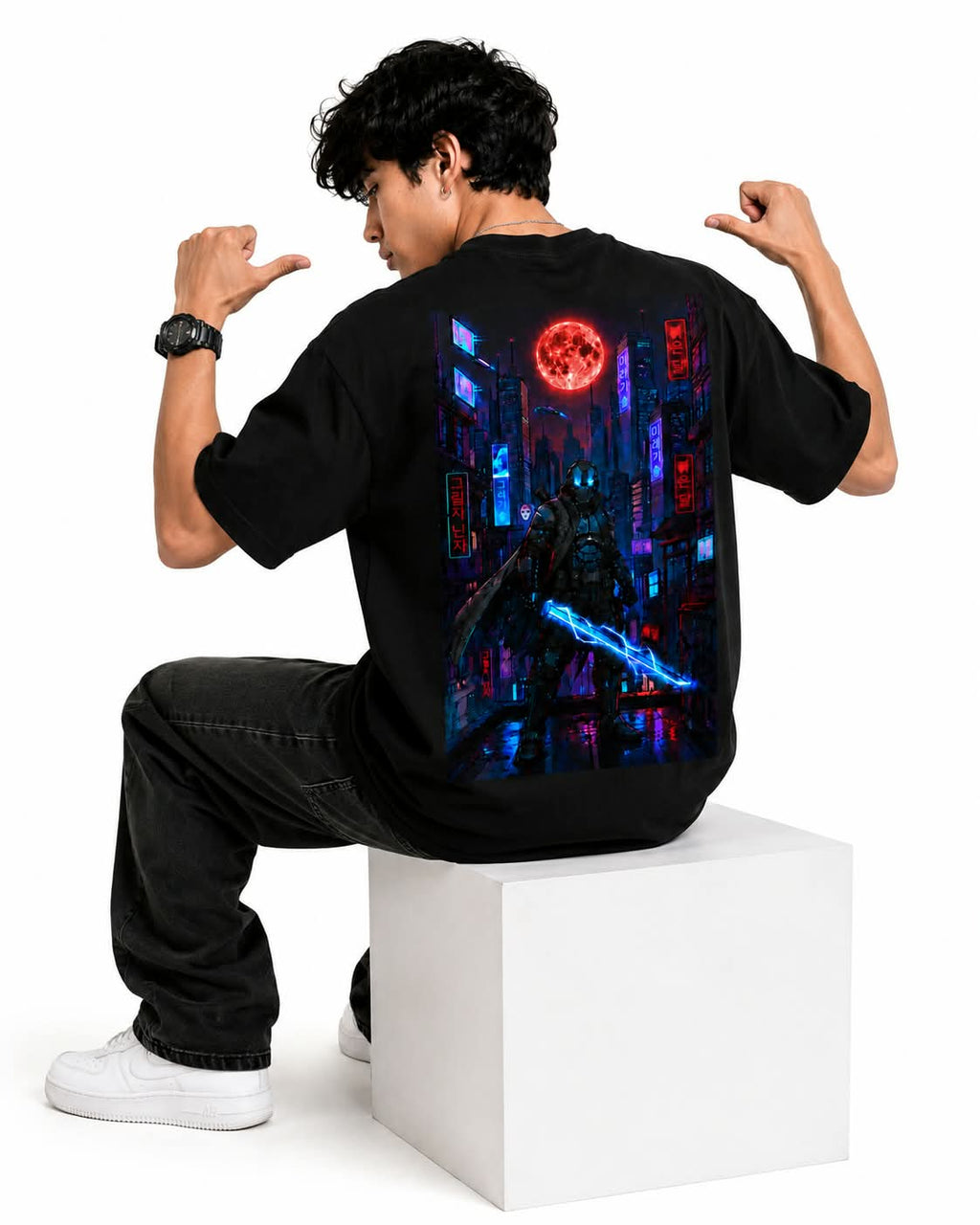 "Cyber Ninja Blood Moon" Oversized Graphic T-Shirt – Cyberpunk Anime Streetwear Tee