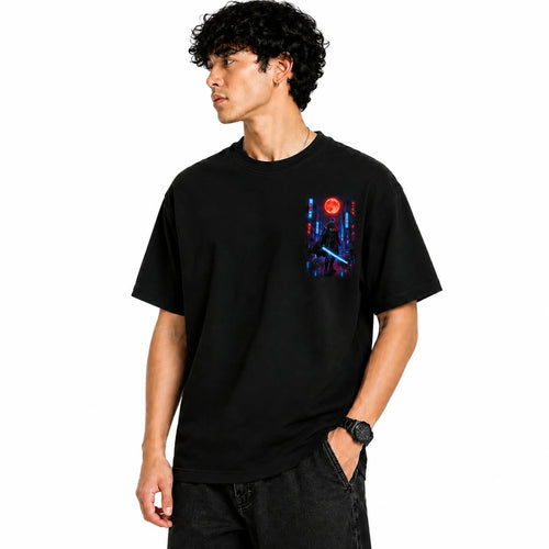 "Cyber Ninja Blood Moon" Oversized Graphic T-Shirt – Cyberpunk Anime Streetwear Tee