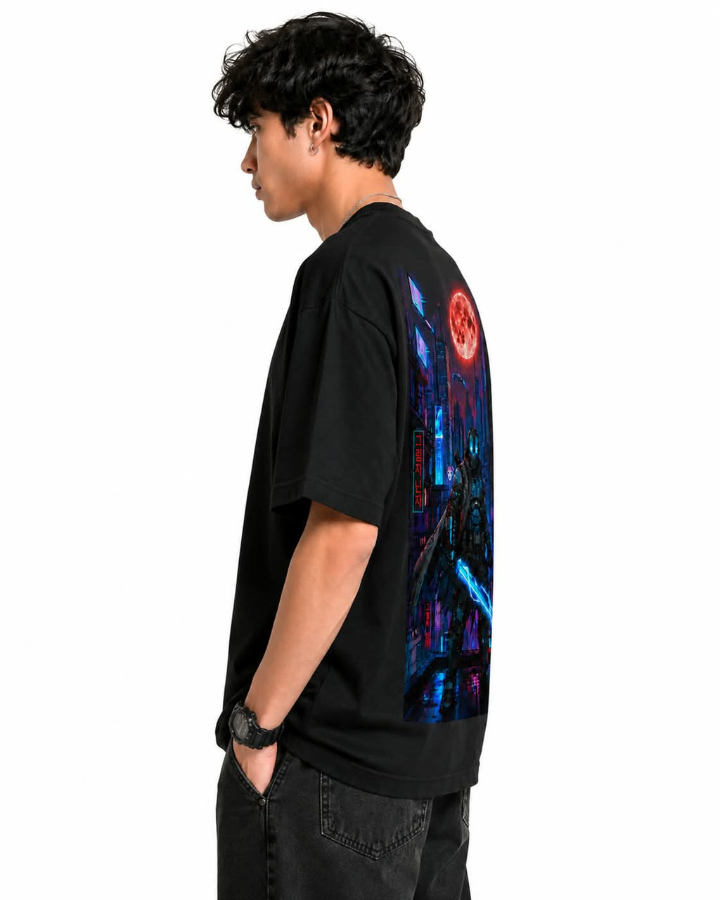 "Cyber Ninja Blood Moon" Oversized Graphic T-Shirt – Cyberpunk Anime Streetwear Tee