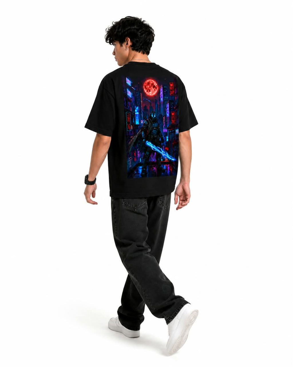 "Cyber Ninja Blood Moon" Oversized Graphic T-Shirt – Cyberpunk Anime Streetwear Tee