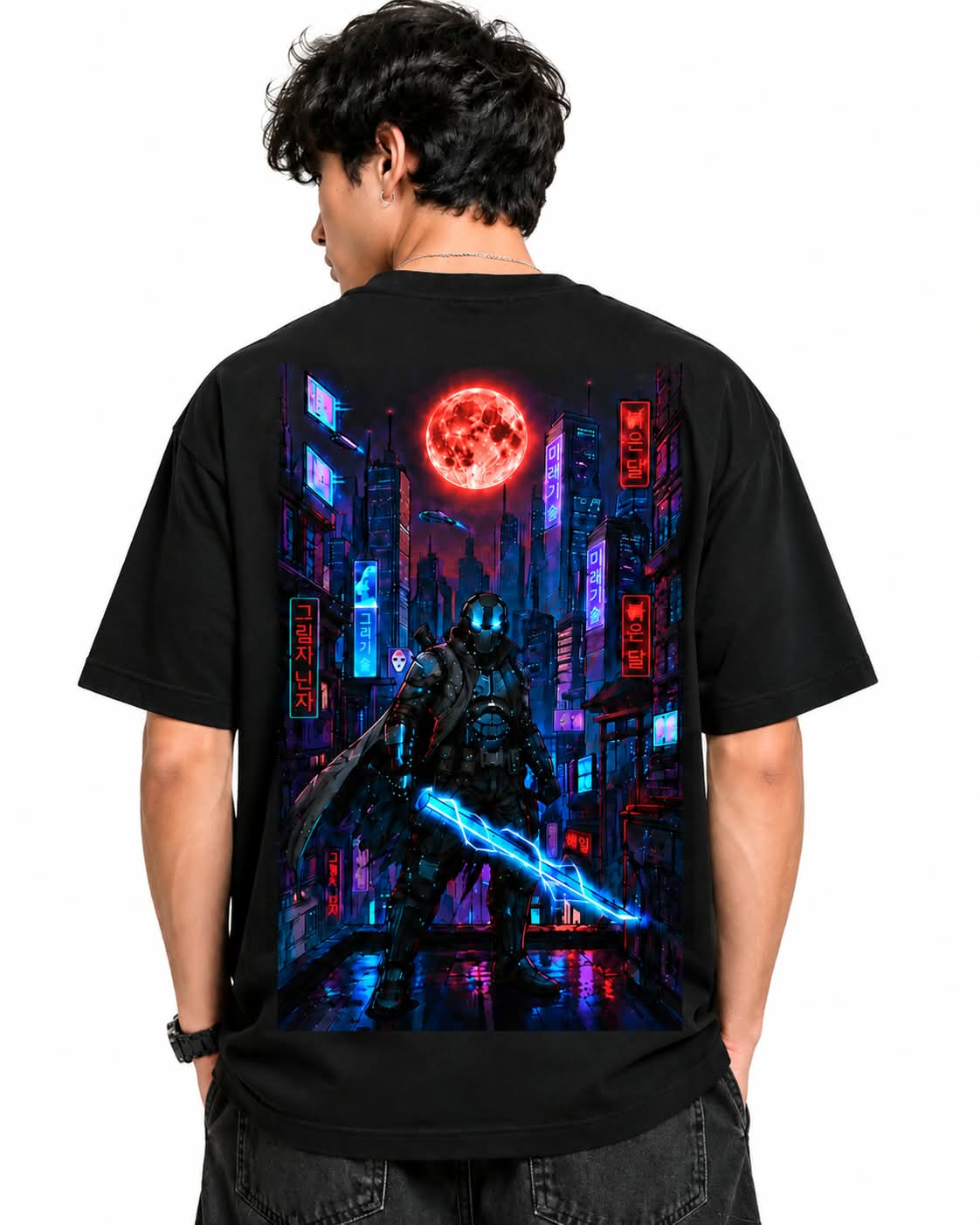 "Cyber Ninja Blood Moon" Oversized Graphic T-Shirt – Cyberpunk Anime Streetwear Tee