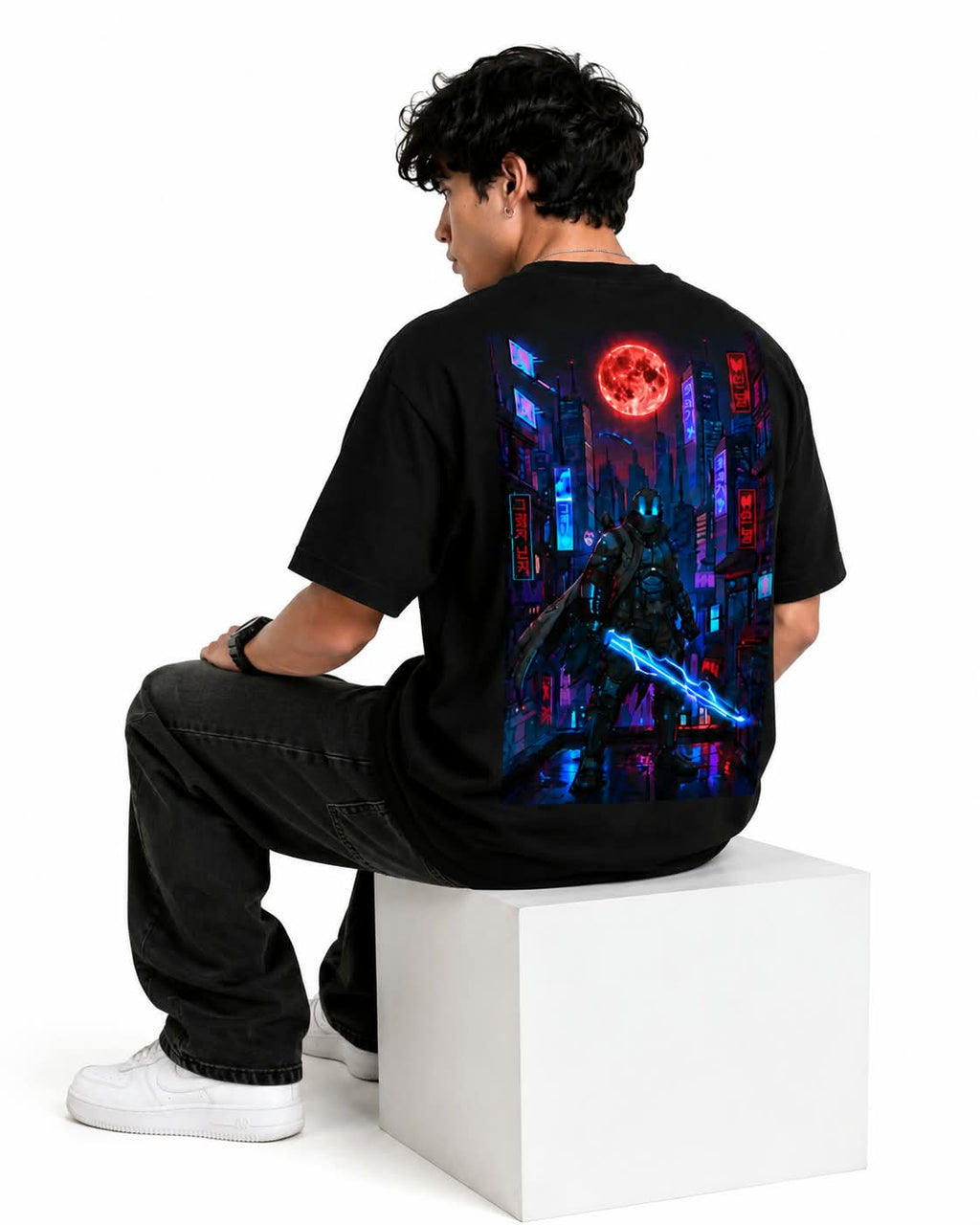 "Cyber Ninja Blood Moon" Oversized Graphic T-Shirt – Cyberpunk Anime Streetwear Tee