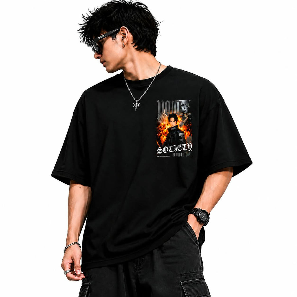 "VOID SOCIETY" Anime Explosion Oversized Graphic T-Shirt – Dark Grunge Streetwear Tee