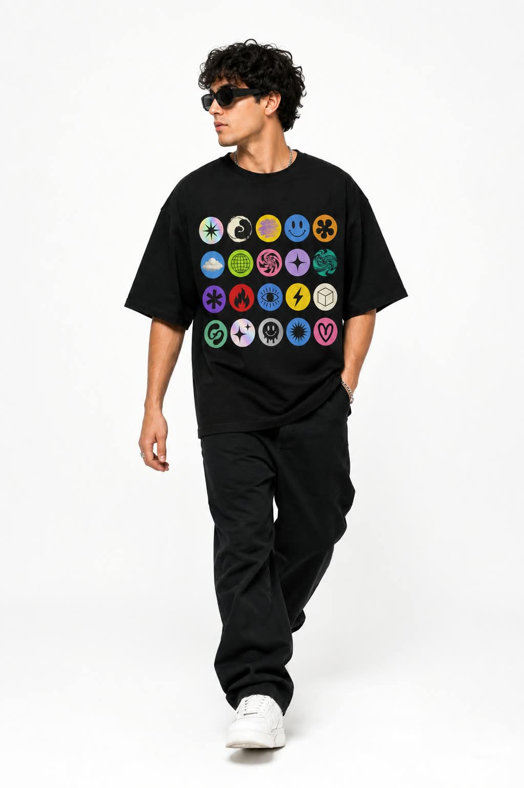 "Pop Icons Grid" Oversized Graphic T-Shirt – Y2K Retro Streetwear Tee