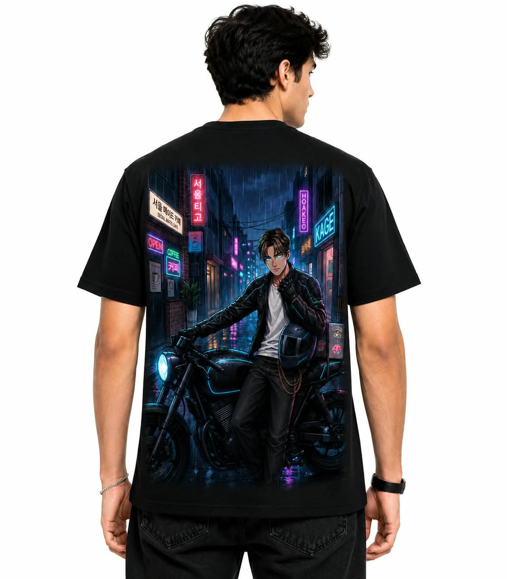 "Seoul Night Rider" Anime Biker Graphic T-Shirt – Cyber City Streetwear Tee